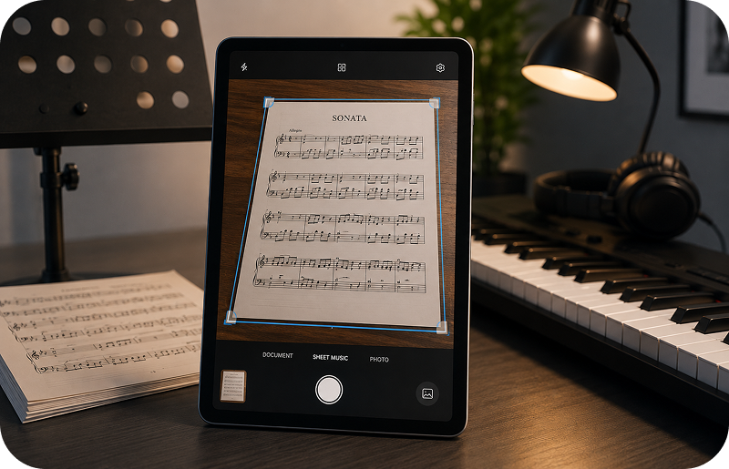 sheet music scanner app to convert paper scores to PDF on Android